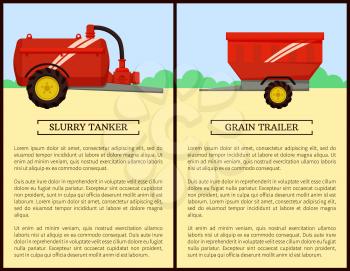 Agricultural machinery set cartoon vector banner. Grain trailer and slurry tanker, isolated new technique and farming equipment poster, text sample