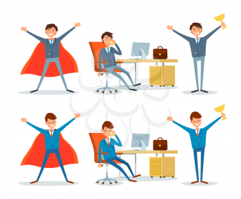Man working by office table, business superman vector. Workplace of boss, table and personal computer, director won prize, successful awarded worker