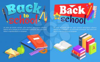 Back to school set of posters. Isolated vector illustration of stack of coursebooks, colourful notebooks, lunch meal and various stationery items