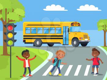 Smiling boys standing on pedestrian crossing near traffic lights with school bus approaching them from behind cartoon style vector illustration