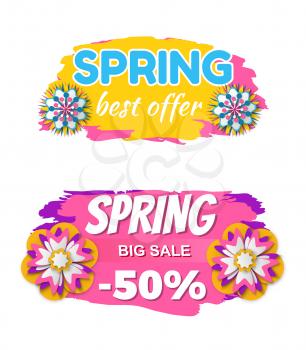 Sale and discounts vector, isolated banners with flowers and text, special offers and proposition rounded shapes 50 percent reduction of price flat style