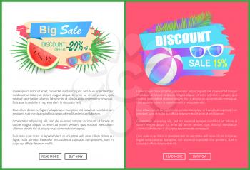 Discount sale, summertime offer vector. Palm leaves, watermelon,promo tags 20 and 15 percent price off. Ball for playing volleyball and protective sunglasses
