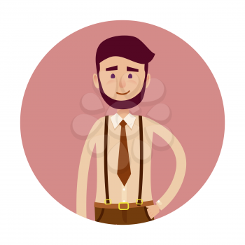 Young male cartoon character with beard and small smile in brown tie and trousers with suspenders isolated in round button. Man from cropped foreshortening. Human model vector illustration.