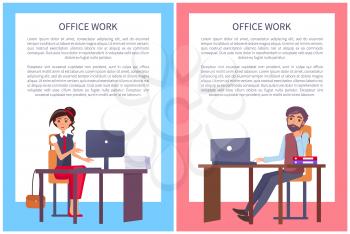 Office work posters set vector workers banner with text sample. Business people man and woman sitting at tables with computers and dreaming about rest