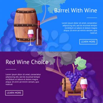 Barrel with red wine and choice Internet pages. How to choice delicious wine and containers to keep it long time web banners vector illustrations.