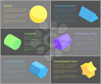 Sphere and cylinder, geometric objects banner, vector illustration, six geometric figures pentagrammic and pentagonal, triangular and hexagonal prisms
