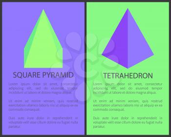 Square pyramid and tetrahedron geometric objects vector illustration text sample, isolated on green and blue backdrops, black frame, geometric figures