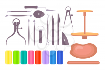 Various drawing and clay modelling instruments and tools isolated vector illustration on white background. Set of art school equipment along with potter s wheel