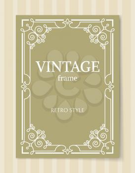 Vintage frame retro style decorative border with corners, leaves and curved elements in olive and white colors, retro border isolated photo frame