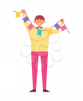 Man celebrate birthday party holding decorative flags in hands vector isolated on white background. Cartoon style boy entertain on birthday fest