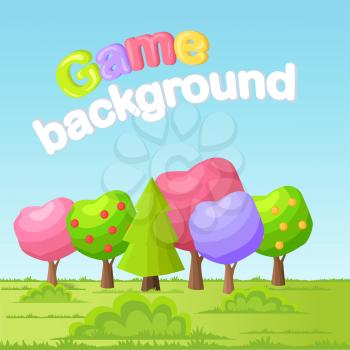Game background concept with low poly trees on green meadow. Funny fairy apple trees with different colors crowns and spruce or pine flat Vector. Fairy garden, forest or park illustration