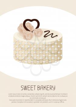 Beautiful sweet bakery white pie banner vector illustration of cylindrical tart with cute roses and chocolate heart on top, many bright pins, sweety glaze ribbon