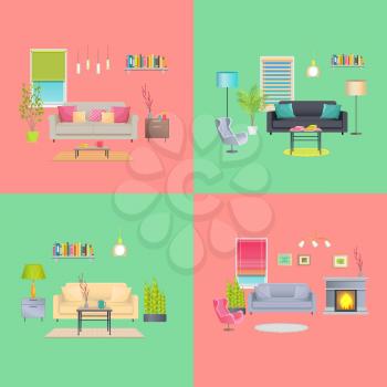 Set of various room interiors banners, flat design, vector illustration cozy couches and cute flowers, comfortable furniture stylish interior elements
