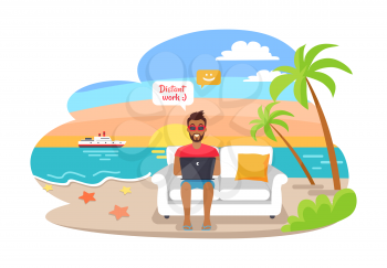 Distant work poster with freelancer working on laptop sitting on cosy sofa, summertime at coastline, advantages of freelance job, palms, sea and ship