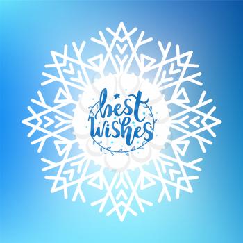 Best wishes lettering with branch wreath on blue background. New Year and Christmas greeting card with star, vector in snowflake border