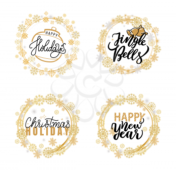 Merry Christmas, Jingle bells and warm wishes festive greetings, calligraphic prints, winter. Xmas lettering for postcards, vector in wreath tag, snowflakes