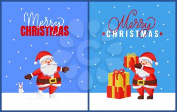 Merry Christmas greeting cards with Santa and bunny. Vector cartoon image of Jack Frost with hare helper. Joyful Father Christmas fold up gift boxes