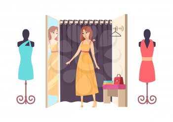 Woman shopping in clothes store ladies shop with changing room vector. Mannequins showcase with dresses, handbag and hanger. Mirror and clothing robe