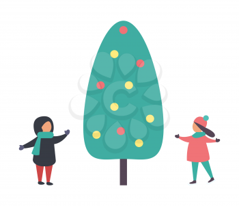 Christmas pine evergreen tree with children vector. Kids playing together childhood spending time together. Celebration of winter holiday, xmas symbol