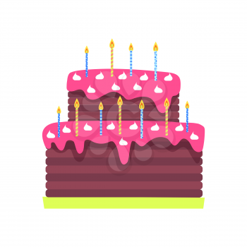 Birthday cake with burning candles vector isolated icon. Sweet dessert with pink topping and marshmallows, Bday holiday or anniversary traditional confectionery