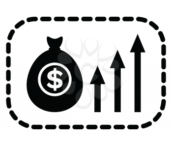 Bag filled with money vector, isolated silhouette icon with growing arrows. Financial success and wealth. Cash in container, infographics business result. Black color on white background