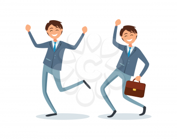 Happy workers in formal wear dancing together. Man with briefcase, successful businessman smiling vector. Senior executive, boss with case jumping