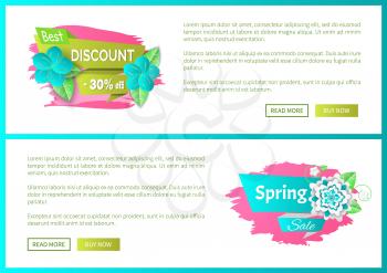 Spring decoration by flowers on web poster with text sample. Best spring discount 30 percent off price banner vector. Special offer proposition seasonal sale