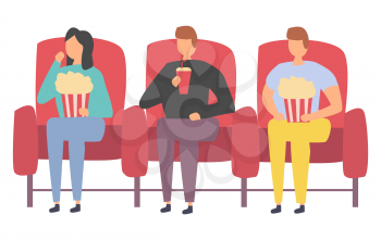 Friends spending time together in cinema vector, people sit in hall watching movie drink and eat popcorn, people gathered for entertainment and joyful time