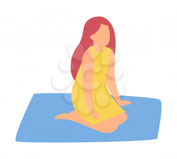 Woman sitting on blue carpet isolated cartoon character. Vector young girl with red hair sits on floor at blanket, faceless lady rest on rug, flat style