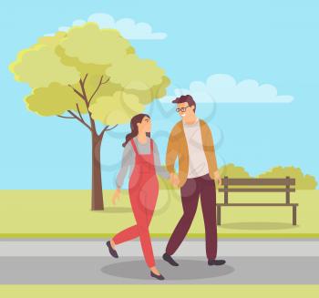 Couple holding hands and going together in park, young people walking outdoor, portrait view of male and female in casual clothes, leisure vector