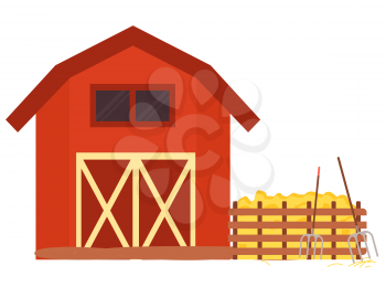 Farm house, hay and pitchfork near fence wooden building with agricultural equipments, farmland decoration element, ranch red house object vector