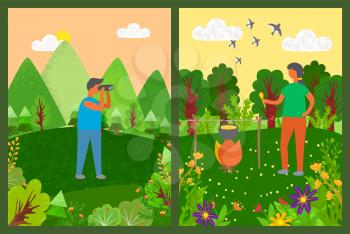 People on nature vector, person camping and cooking food in pot on bonfire, man looking in binoculars, mountains and hills, flying swallows summer