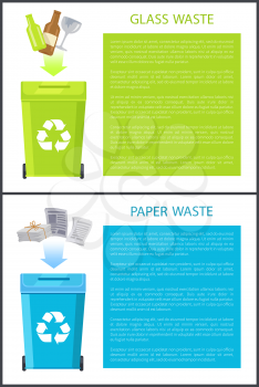 Glass and paper waste banners collection with info about sorting, bins having recycle sign, bottles newspaper wastepaper set, vector illustration