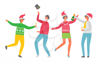 Christmas party of people, new year celebration vector. Woman and man wearing Santa Claus hat, male throwing cap with mistletoe. Person holds glass