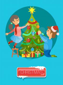 Merry Christmas poster, boy and girl decorating New Year tree on Xmas eve. Vector evergreen plant topped by stars, presents gifts under spruce, round circle
