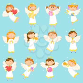 Angel children, angelic boys and girls, winter holiday symbols vector. Kids with presents decorated with bows ribbons, hearts and love. Trumpet music