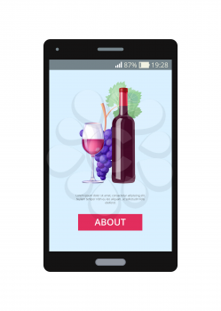 Poster with smartphone and online order button about vector mobile application lets to order natural red wine from grapes, wooden barrel on background