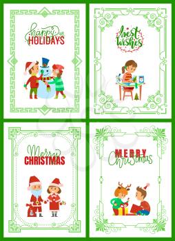 Happy holidays, merry Christmas greeting cards text vector. Santa Claus with presents in sack, children unpacking presents. Girl making handmade gifts