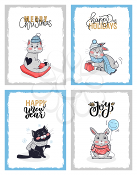 Happy New Year cards with greetings from winter animals. Vector clipart of rabbit with blue balloon, bunny with red gift box and black cat in grey scarf.
