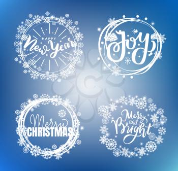 Merry Christmas, Happy New Year, Bright Joy text for greeting cards. Lettering fonts doodles in wreath of snowflakes, inscription, New Year celebration