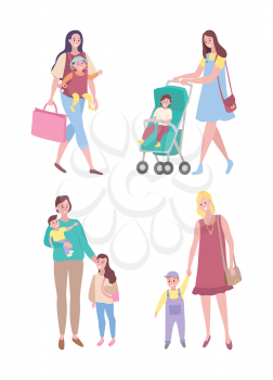 Mother and child vector, woman walking with kid daughter and son flat style. Lady with perambulator pram, mom with toddler boy motherhood childcare