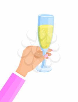 Woman hand with pink manicure on nails, glass and poured champagne, Christmas celebration, vector illustration, isolated on white background