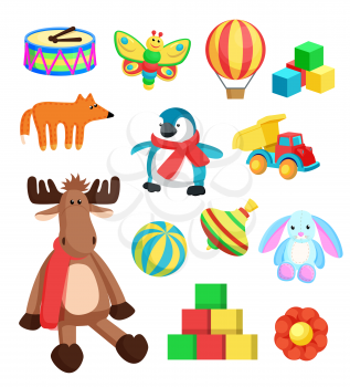 Toys for children at Christmas eve produced at Santa Claus factory in North Pole, reindeer and fox, penguin and bunny, isolated on vector illustration
