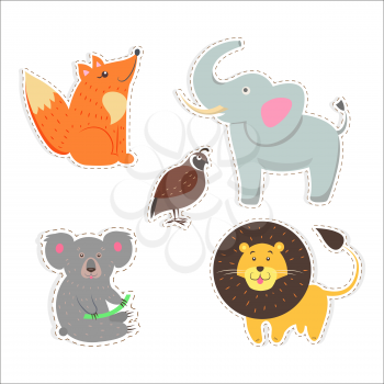 Stickers and icons set of cute wild and domestic animals - funny fox, elephant, koala, lion and partridge flat vectors isolated on white. Bird and mammals illustrations outlined with dotted line for price tags