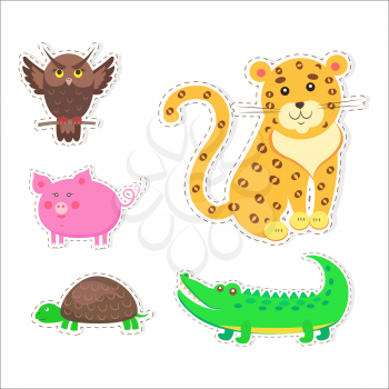 Stickers and icons set of cute wild and domestic animals - funny owl, leopard, turtle, crocodile, and pig isolated flat vectors. Bird, mammals and reptiles illustrations outlined with dotted line