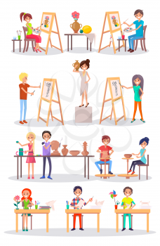 Smiling young artists and their artworks isolated vector illustration on white background. Cartoon style boys and girls doing what they like