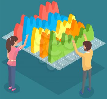 Flat 3d isometric business finance analytics, chart graphic report web infographic vector. Business statistics and data analysis. Employees work with statistical indicators, graphs, diagrams