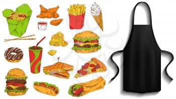 Protective garment for cooking near food icons. Clothes for work in kitchen, element of clothing for cooking. Chef clothing with long straps. Apron for cooking in kitchen next to fastfood dishes