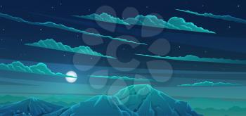 Mountains landscape, abstract blue panoramic view with cloudy night sky vector illustration. Snow capped mountains background with hills on clear starry sky, bright moon illuminates scenery in evening