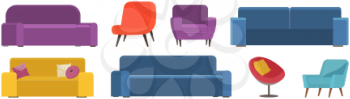 Soft cartoon sofas, chairs isolated on white background. Comfortable element of interior design. Furniture for bedroom, living room. Set of upholstered fabric couches abd armchairs with wooden legs
